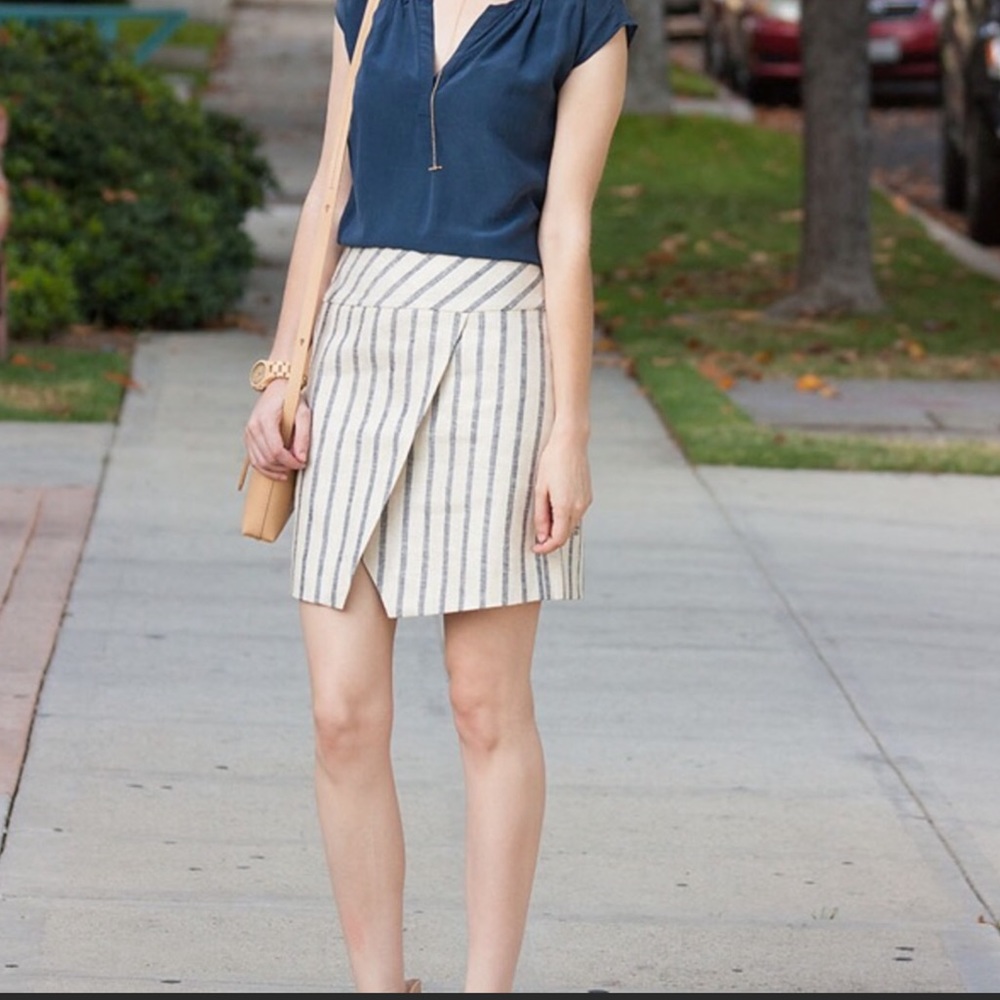 EUC J. Crew Striped Linen Wrap A-Line Skirt  Chambray/Ivory